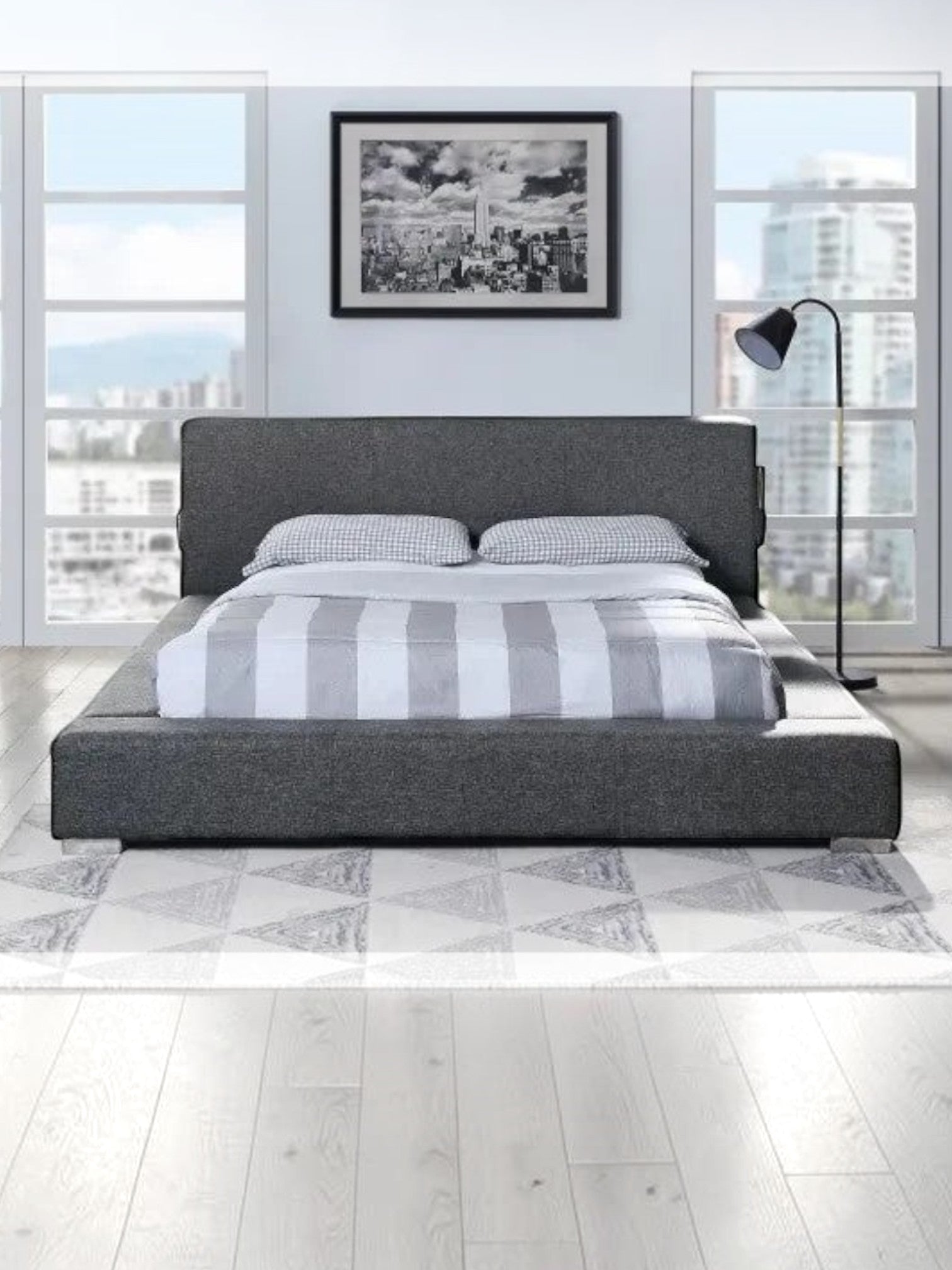 Grand lit Billie TOCO Meubles gris rembourré avec tête de lit confortable, ports USB intégrés et cadre bas moderne.