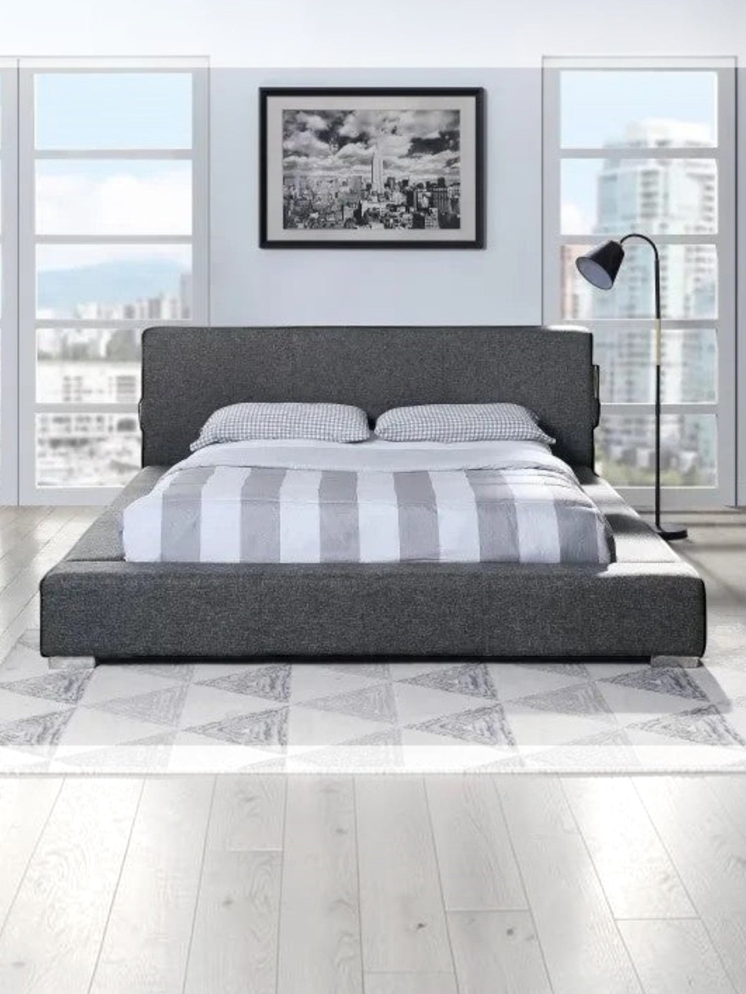 Grand lit Billie TOCO Meubles gris rembourré avec tête de lit confortable, ports USB intégrés et cadre bas moderne.