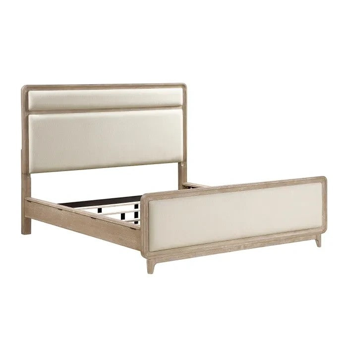TOCO Meubles Grand Lit Bonnie, lit en bois clair avec tête et pied de lit rembourrés en tissu chenille crème.