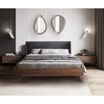 TOCO Meubles Grand Lit Cesar, lit plateforme gris foncé effet lin avec cadre imitation noyer et pieds métalliques, style Mid-Century Modern.