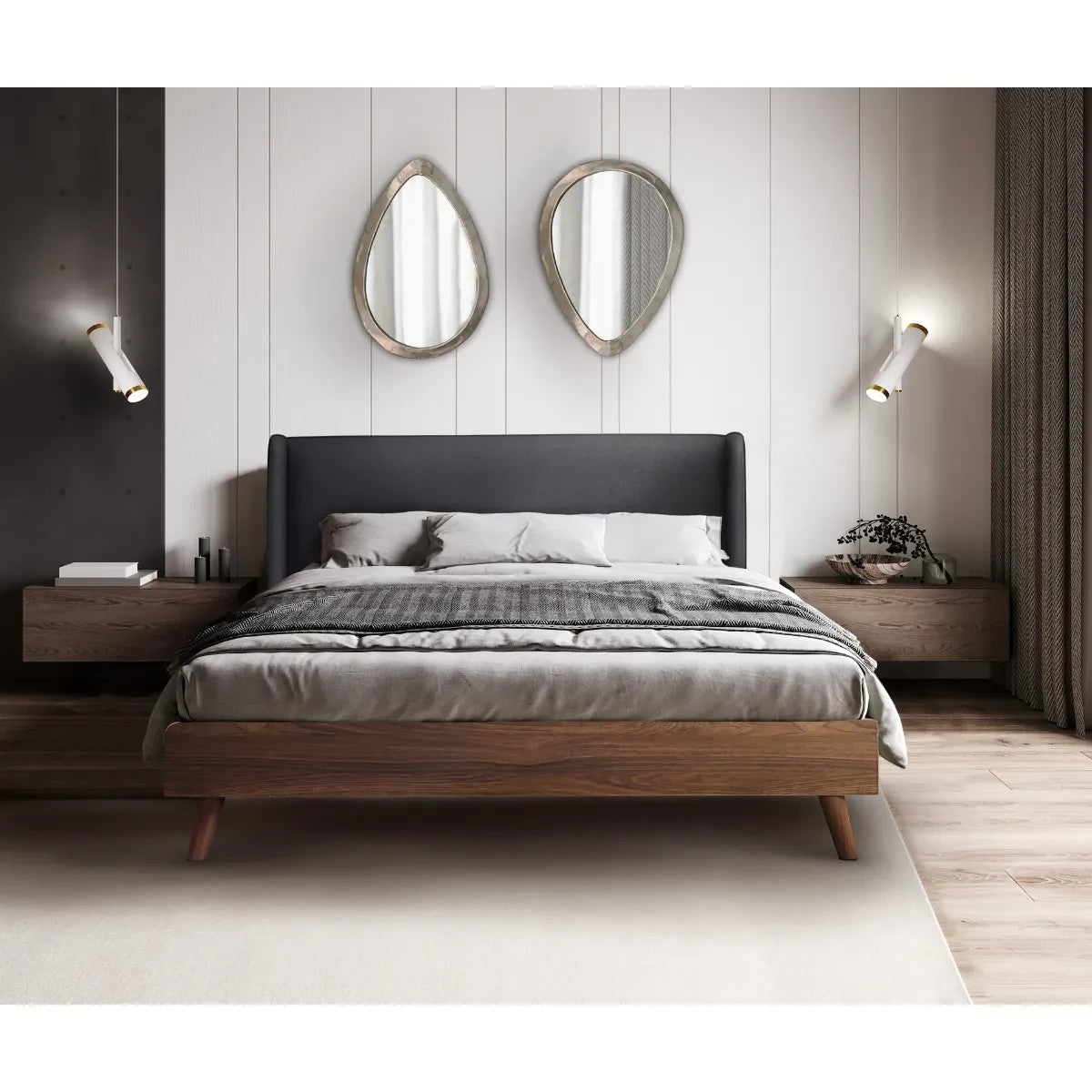 TOCO Meubles Grand Lit Cesar, lit plateforme gris foncé effet lin avec cadre imitation noyer et pieds métalliques, style Mid-Century Modern.