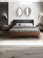 TOCO Meubles Grand Lit Cesar, lit plateforme gris foncé effet lin avec cadre imitation noyer et pieds métalliques, style Mid-Century Modern.
