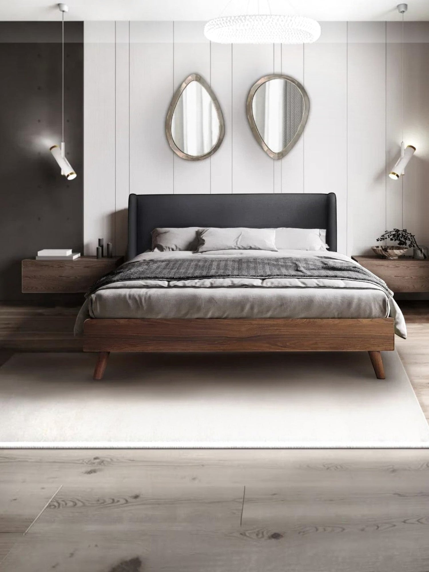 TOCO Meubles Grand Lit Cesar, lit plateforme gris foncé effet lin avec cadre imitation noyer et pieds métalliques, style Mid-Century Modern.