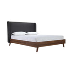 TOCO Meubles Grand Lit Cesar, lit plateforme moderne avec tête de lit rembourrée en tissu gris foncé et cadre imitation noyer.