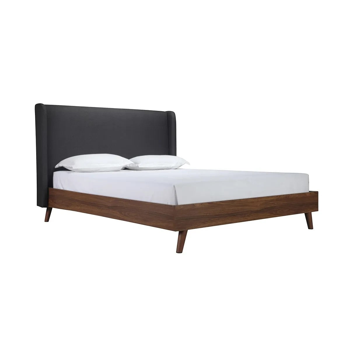 TOCO Meubles Grand Lit Cesar, lit plateforme moderne avec tête de lit rembourrée en tissu gris foncé et cadre imitation noyer.