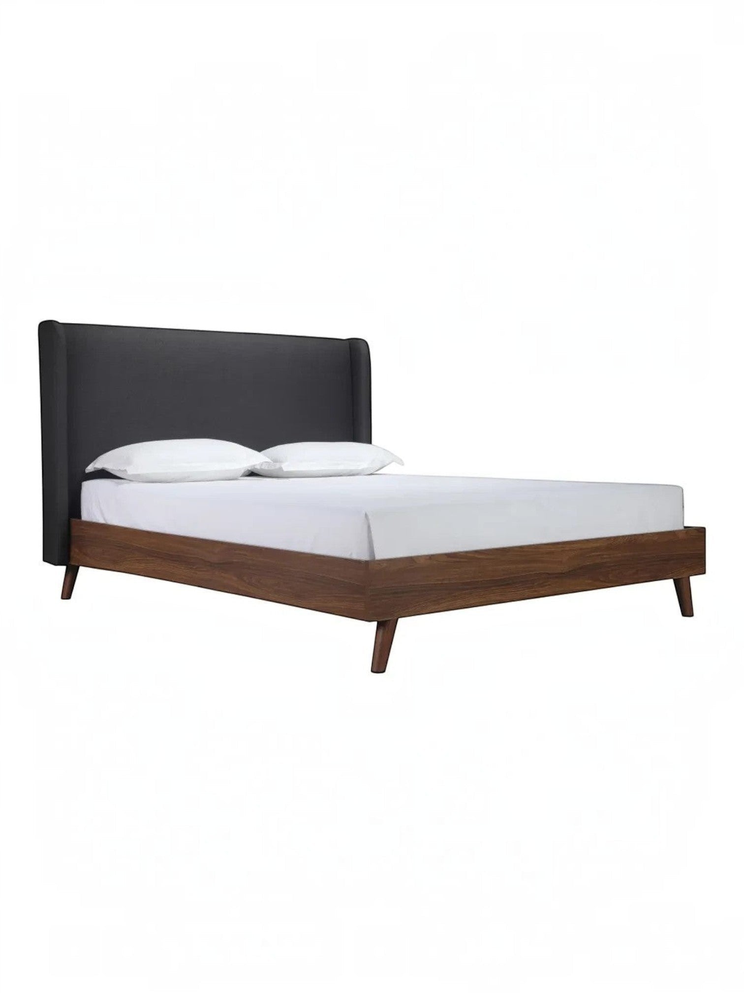 TOCO Meubles Grand Lit Cesar, lit plateforme moderne avec tête de lit rembourrée en tissu gris foncé et cadre imitation noyer.