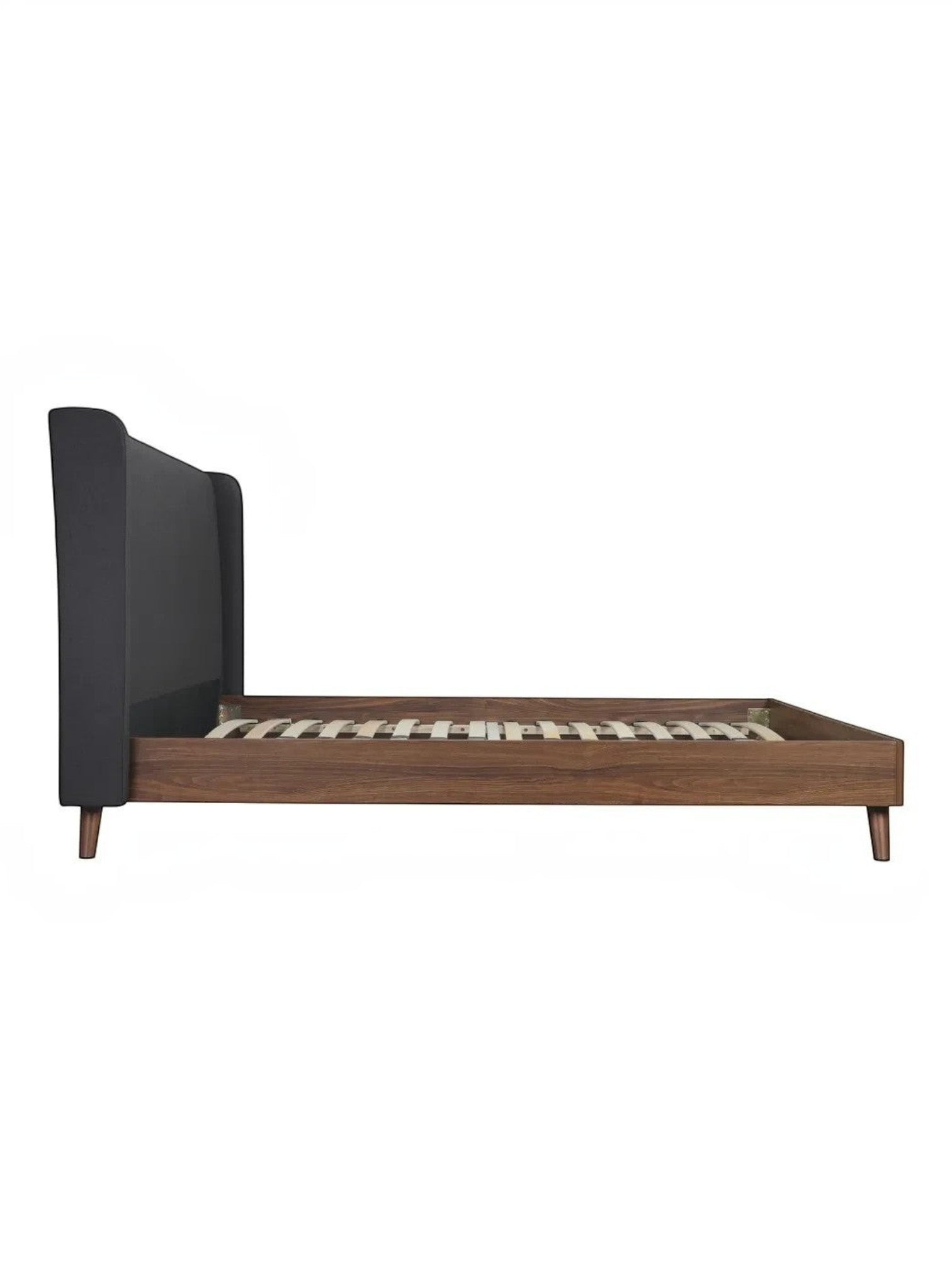 TOCO Meubles Grand Lit Cesar, lit plateforme moderne avec tête de lit rembourrée gris foncé et cadre imitation noyer.
