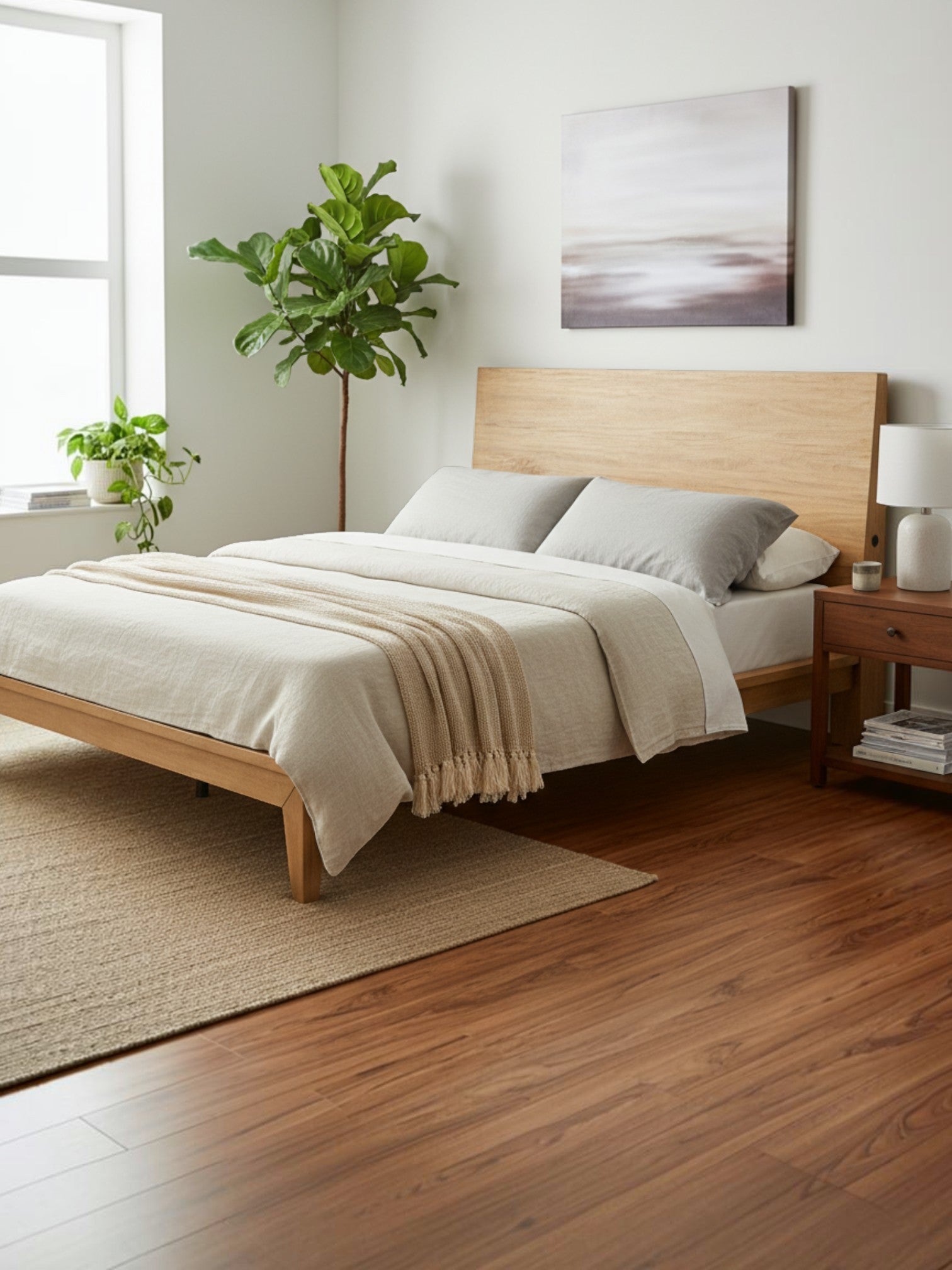 Grand lit TOCO Meubles Carmen en bois clair avec tête de lit inclinable et ports USB dans une chambre minimaliste