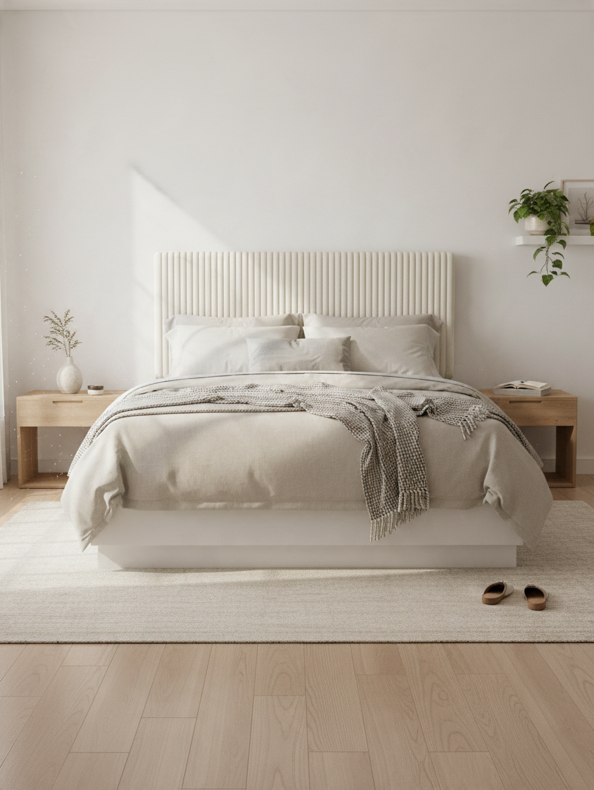 Grand lit Céleste TOCO Meubles avec tête de lit capitonnée en fausse fourrure crème et cadre blanc perle moderne