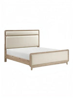 Grand lit Bonnie TOCO Meubles en bois de chêne naturel avec tête et pied de lit rembourrés en tissu chenille beige