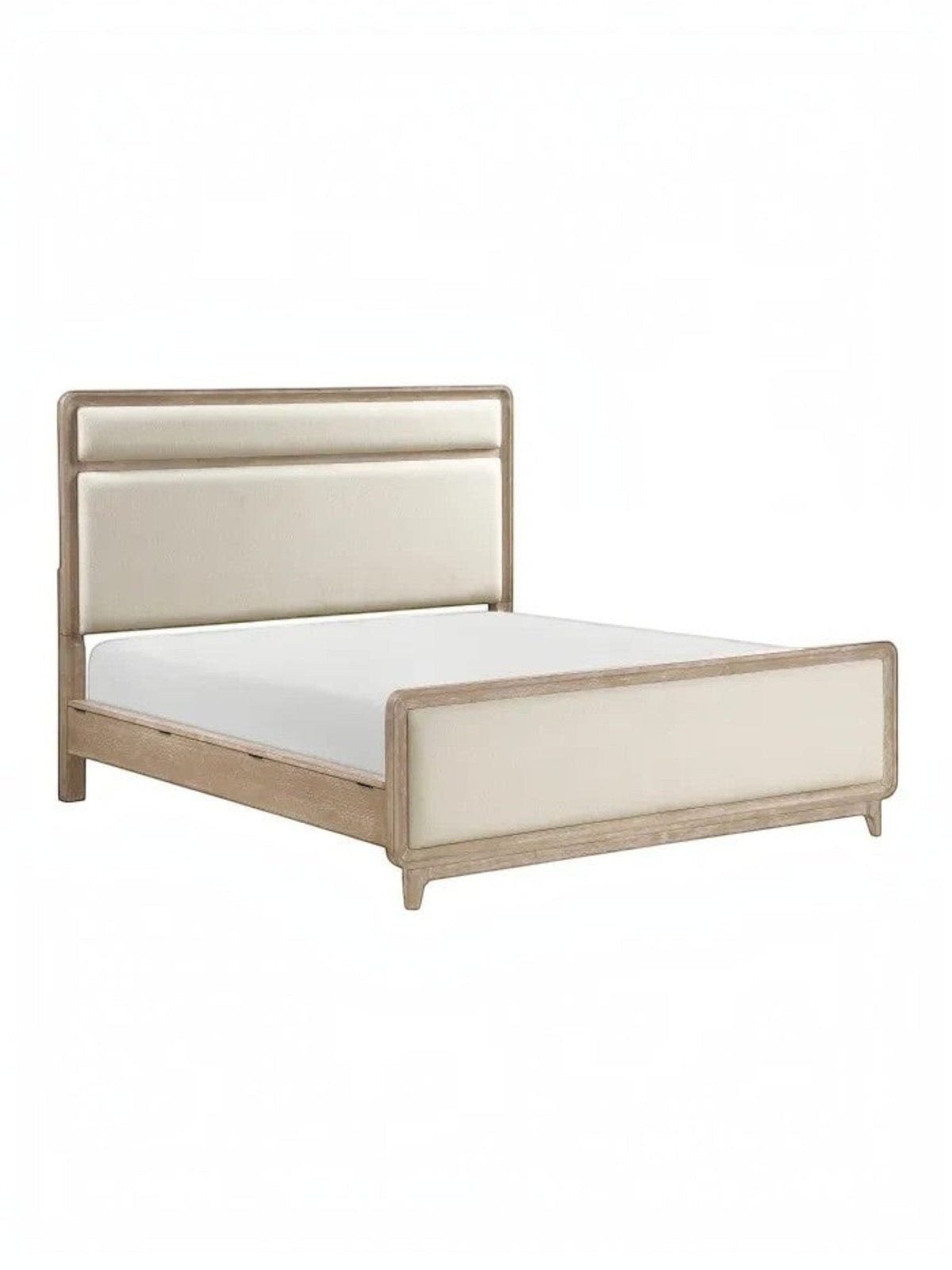 Grand lit Bonnie TOCO Meubles en bois de chêne naturel avec tête et pied de lit rembourrés en tissu chenille beige