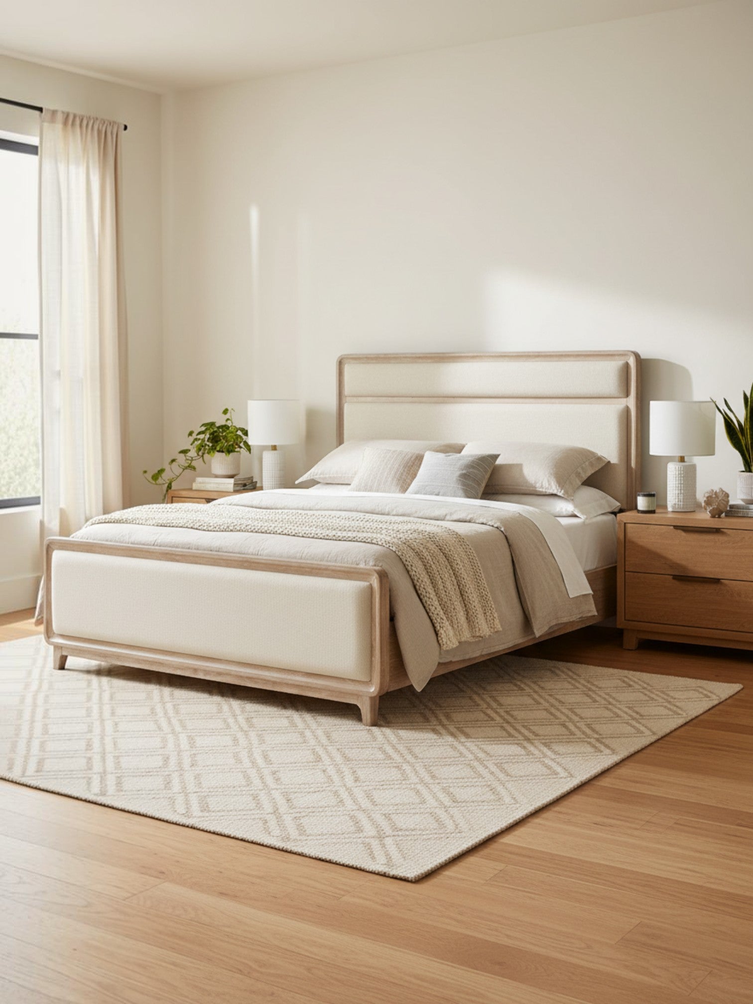 Grand lit Bonnie TOCO Meubles en bois de chêne naturel avec tête et pied de lit rembourrés en tissu chenille beige