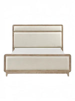 Grand lit Bonnie TOCO Meubles en bois de chêne naturel avec tête et pied de lit rembourrés en tissu chenille beige