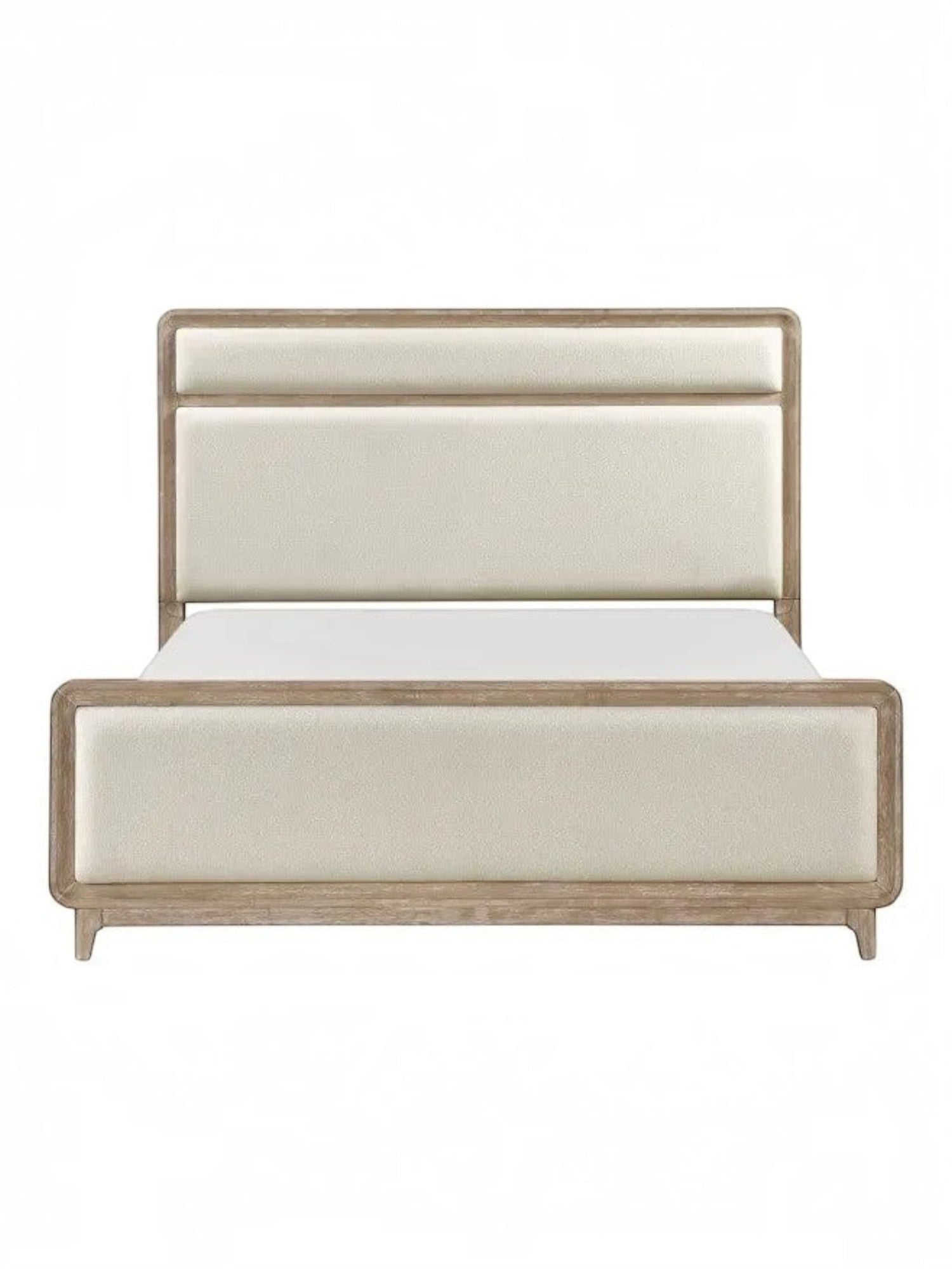 Grand lit Bonnie TOCO Meubles en bois de chêne naturel avec tête et pied de lit rembourrés en tissu chenille beige