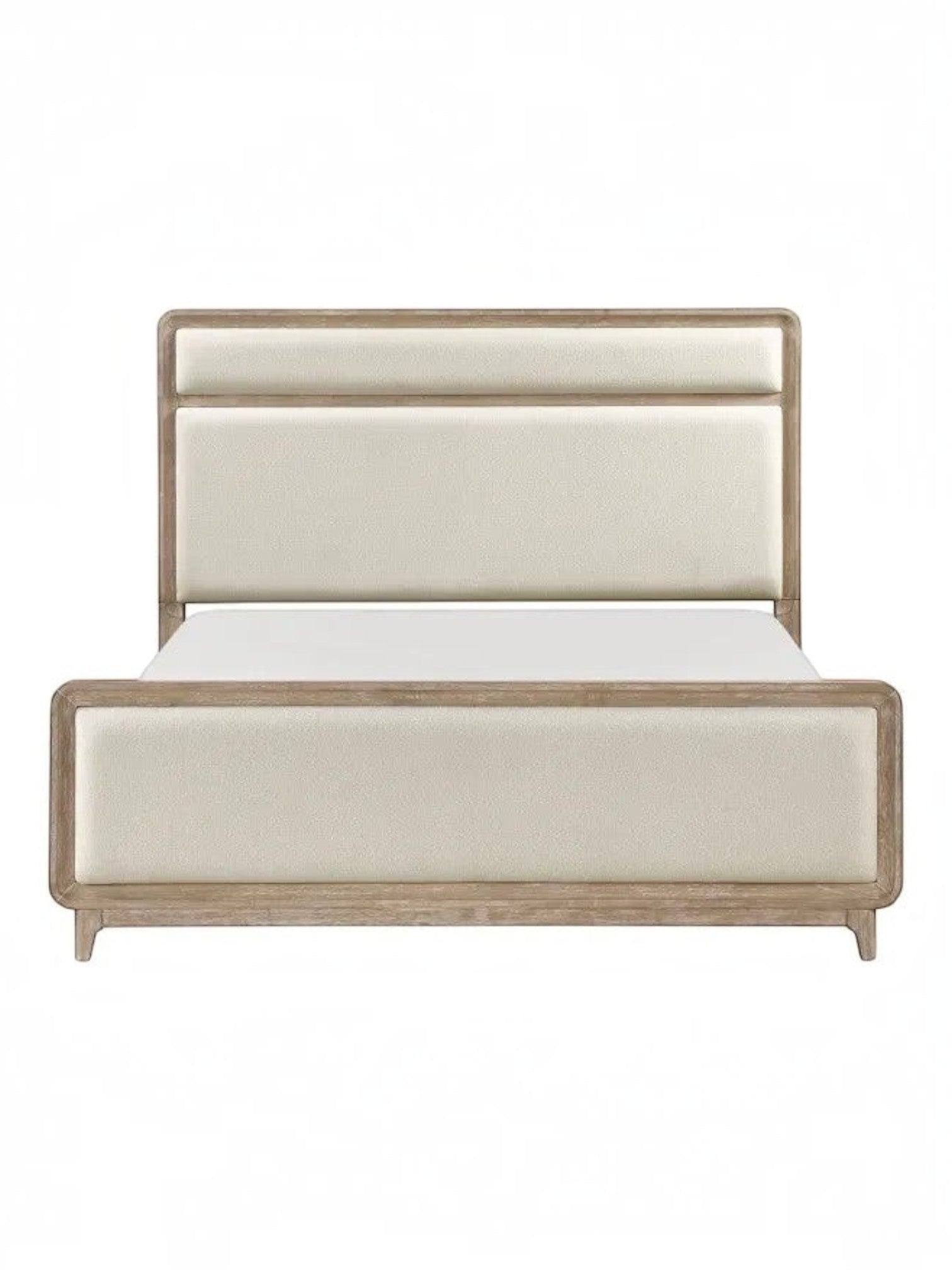 Grand lit Bonnie TOCO Meubles en bois de chêne naturel avec tête et pied de lit rembourrés en tissu chenille beige