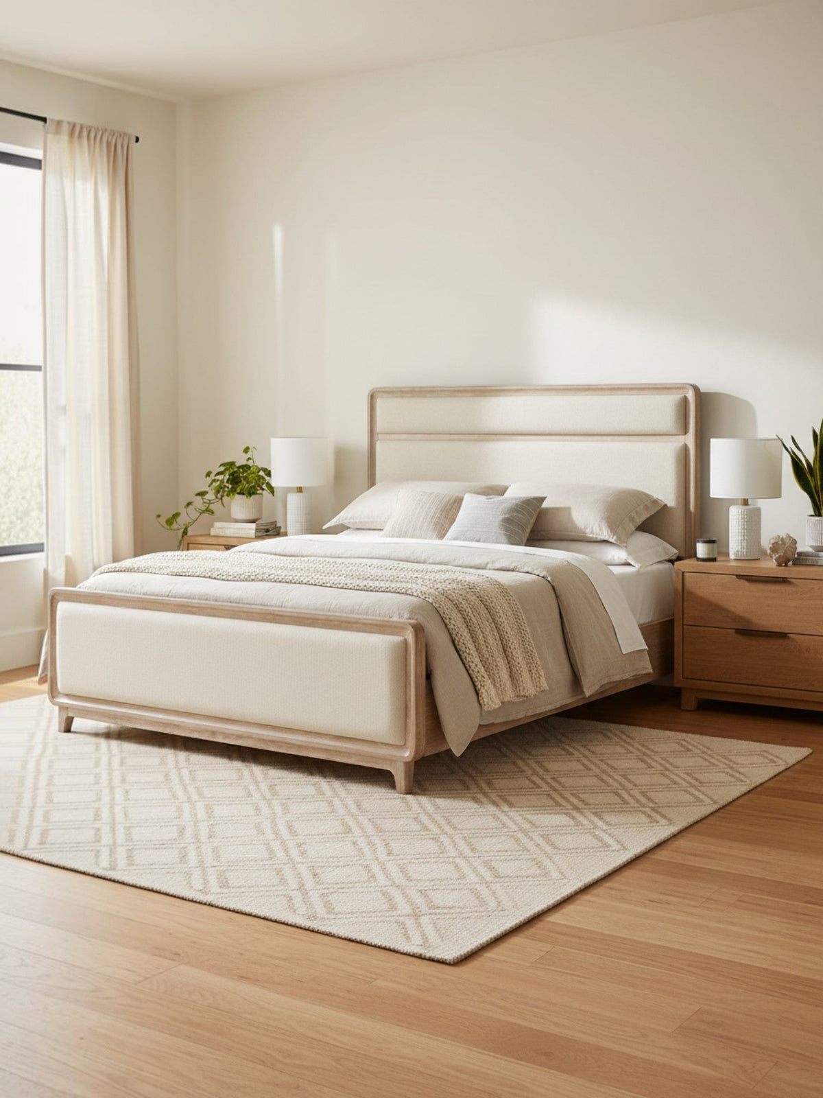 Grand lit Bonnie TOCO Meubles en bois de chêne naturel avec tête et pied de lit rembourrés en tissu chenille beige