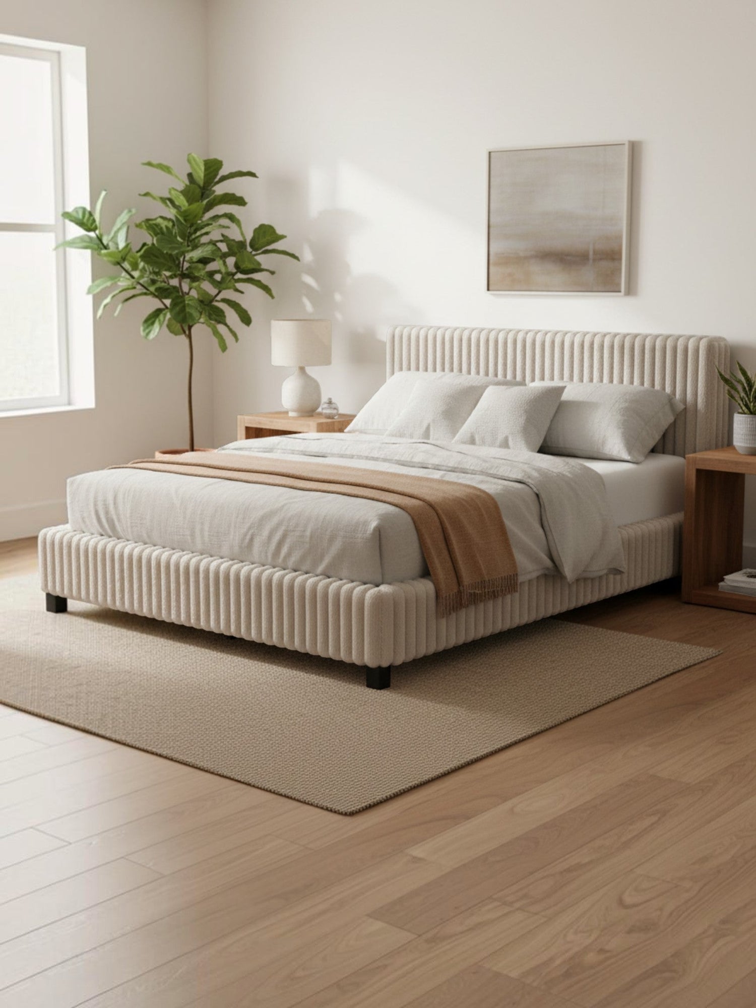 Grand lit Chloe TOCO Meubles en tissu gris côtelé avec tête de lit rembourrée dans une chambre contemporaine