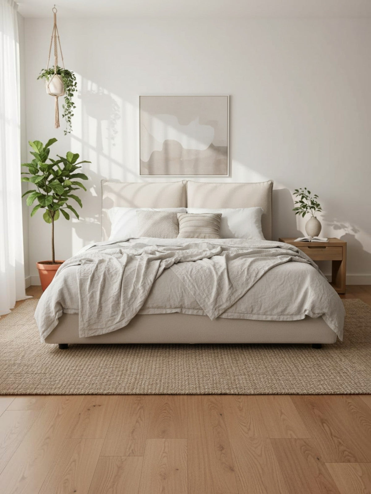 Grand lit Diego TOCO Meubles en tissu chenille beige avec tête de lit rembourrée dans une chambre moderne et épurée.
