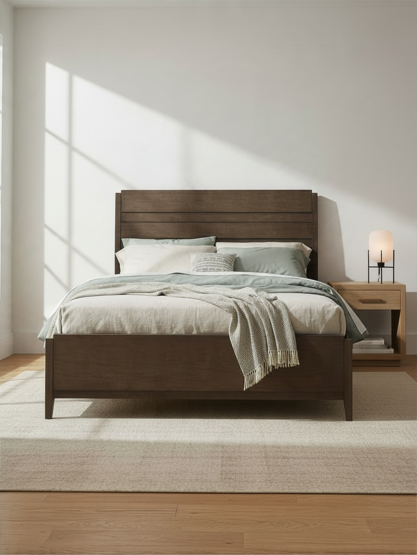 Grand lit Edgar TOCO Meubles en bois massif avec tête de lit à lattes et fini noyer foncé dans une chambre moderne