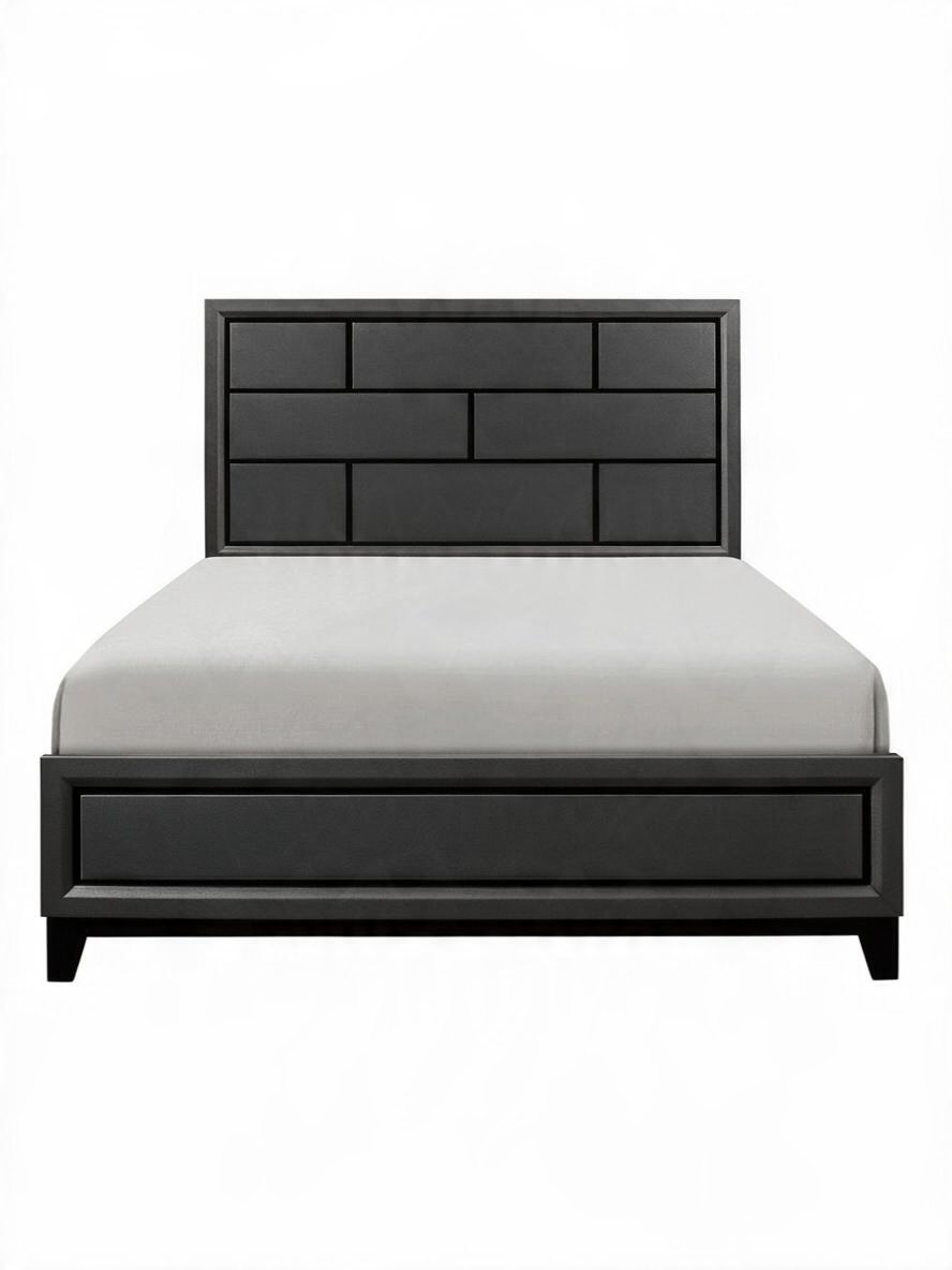 Grand lit Elio de TOCO Meubles au design contemporain avec finition grise et tête de lit à motifs géométriques