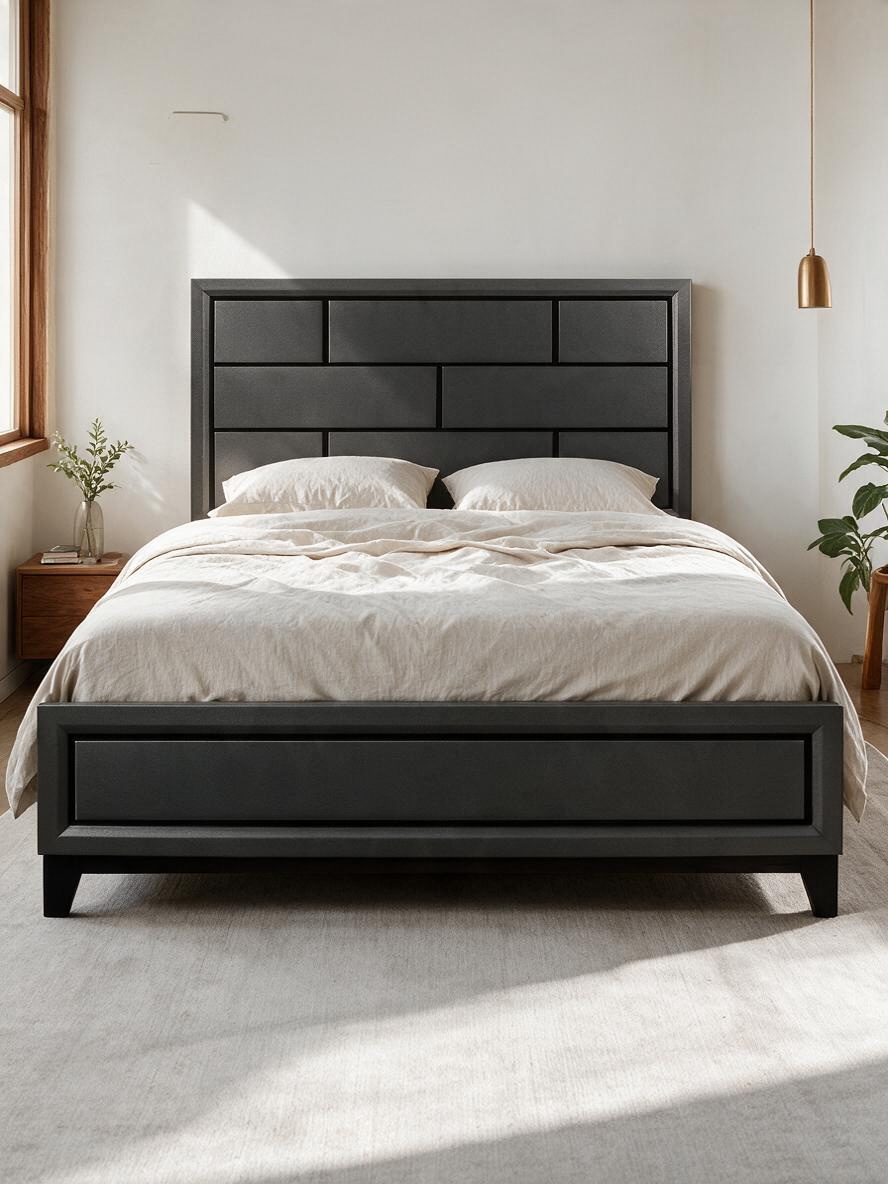 Grand lit Elio TOCO Meubles au design contemporain avec finition gris grain de bois et tête de lit structurée