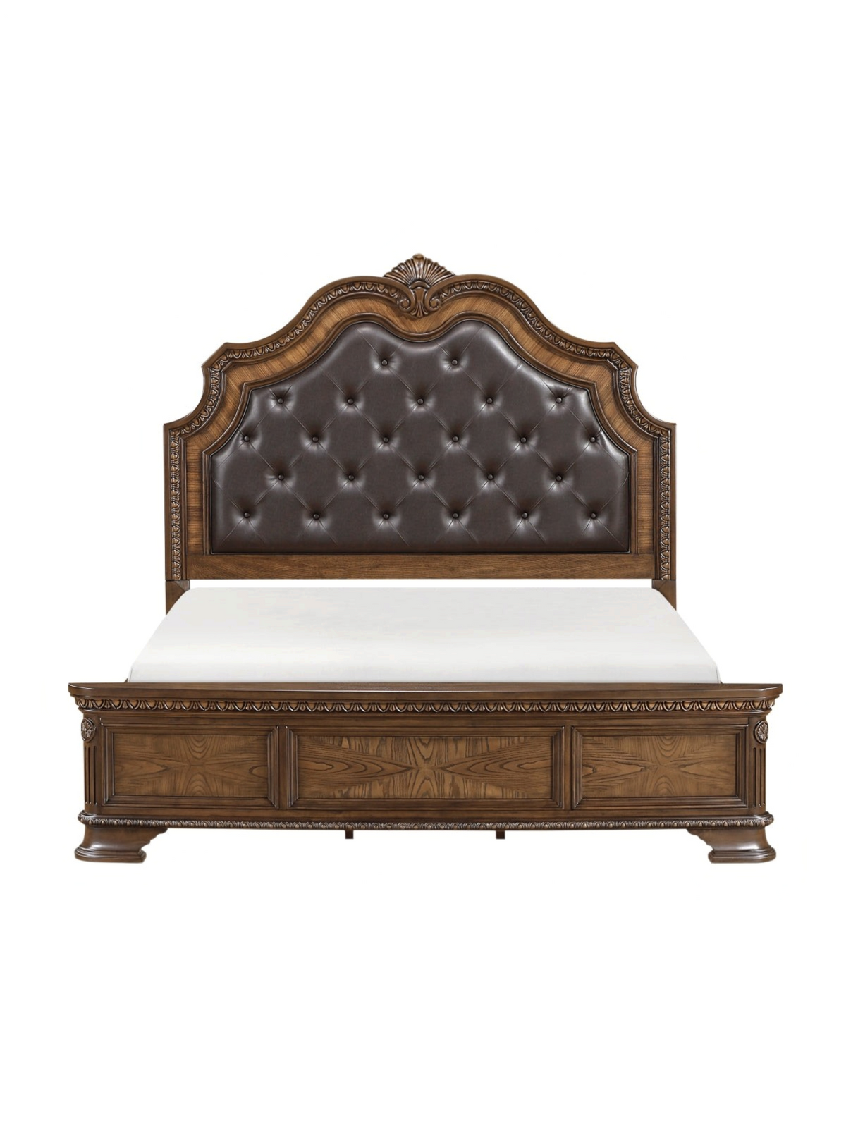 Grand lit Émile par TOCO Meubles avec tête de lit traîneau capitonnée en similicuir brun et cadre en bois sculpté