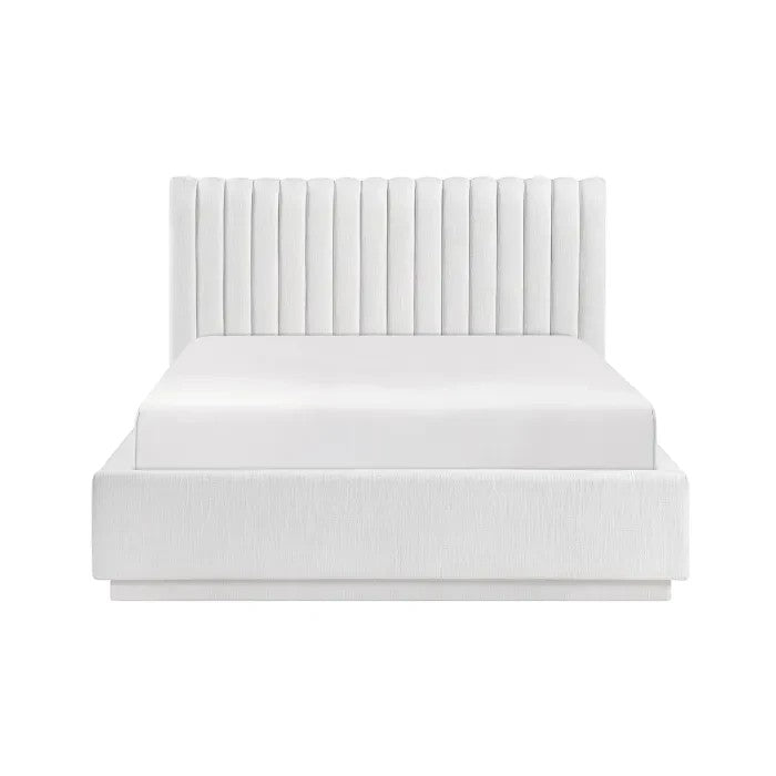 TOCO Meubles Grand Lit Emilio blanc capitonné vertical, lit plateforme queen en tissu texturé.