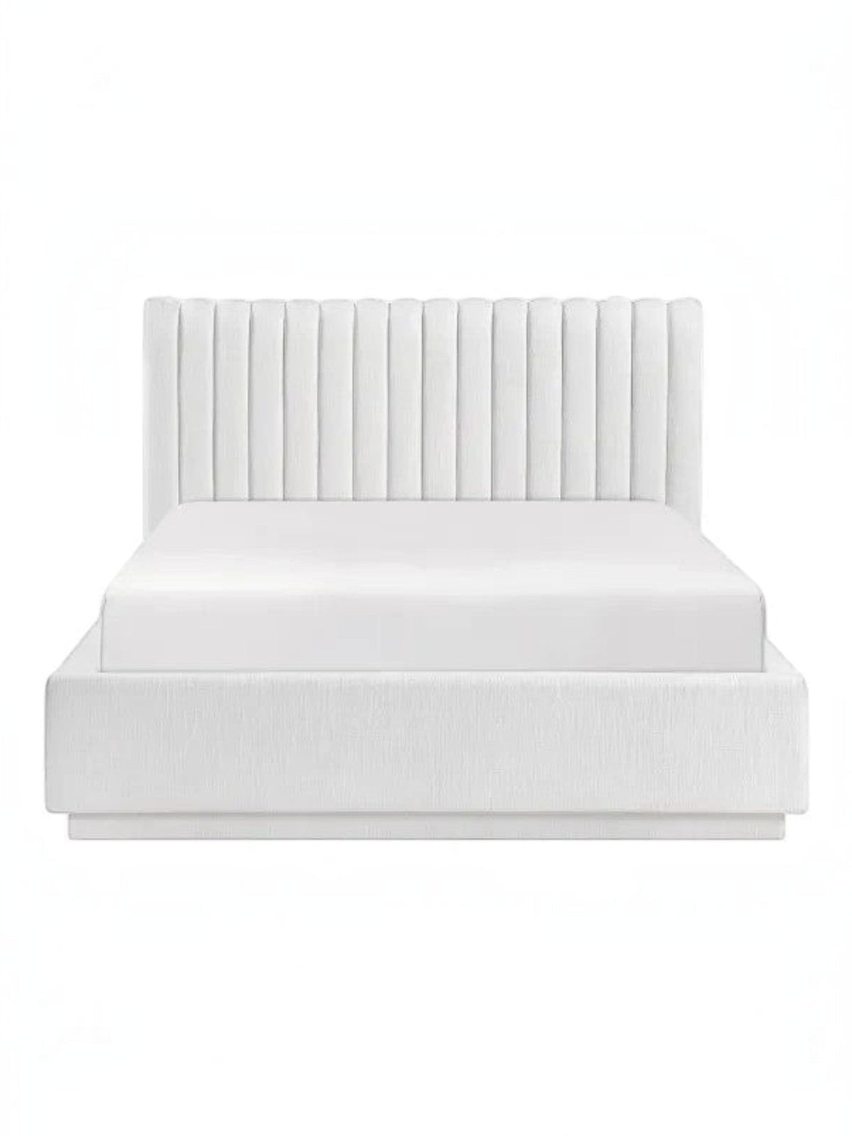 TOCO Meubles Grand Lit Emilio blanc capitonné vertical, lit plateforme queen en tissu texturé.