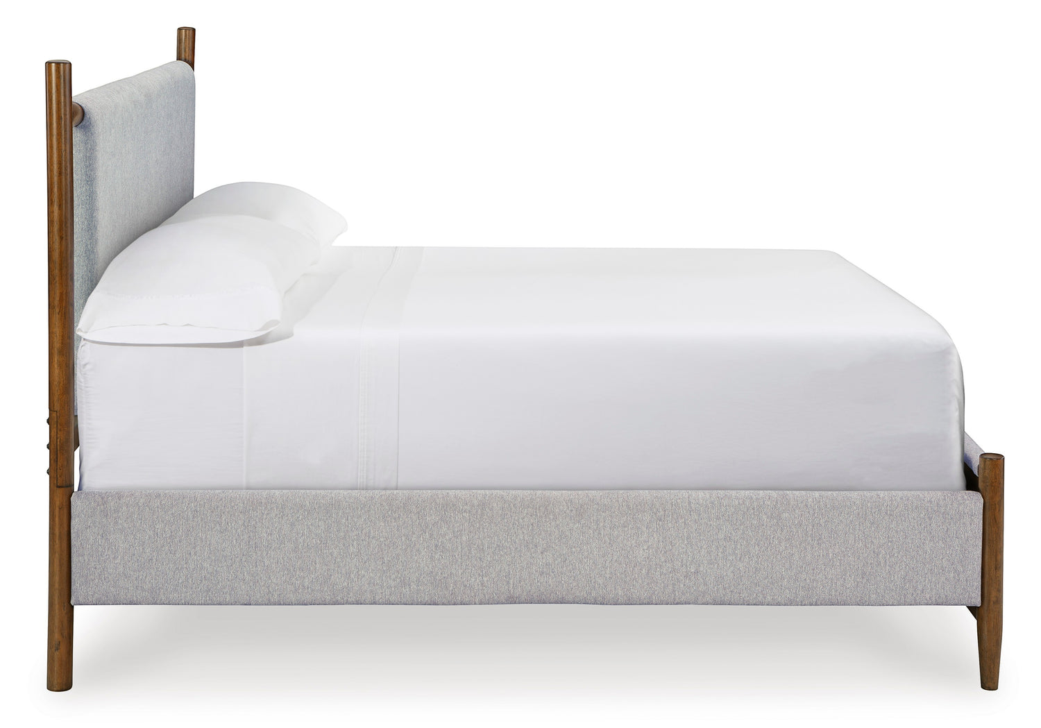 Grand Lit Flora TOCO Meubles en tissu gris clair avec tête de lit rembourrée et pieds en bois