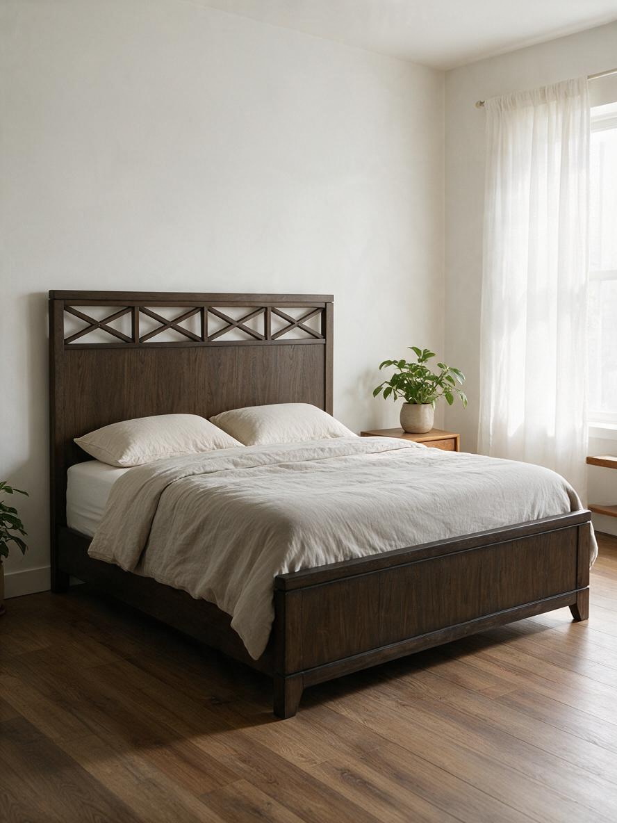 Grand lit Gaston TOCO Meubles en placage de frêne brun foncé avec tête de lit décorative en motif X
