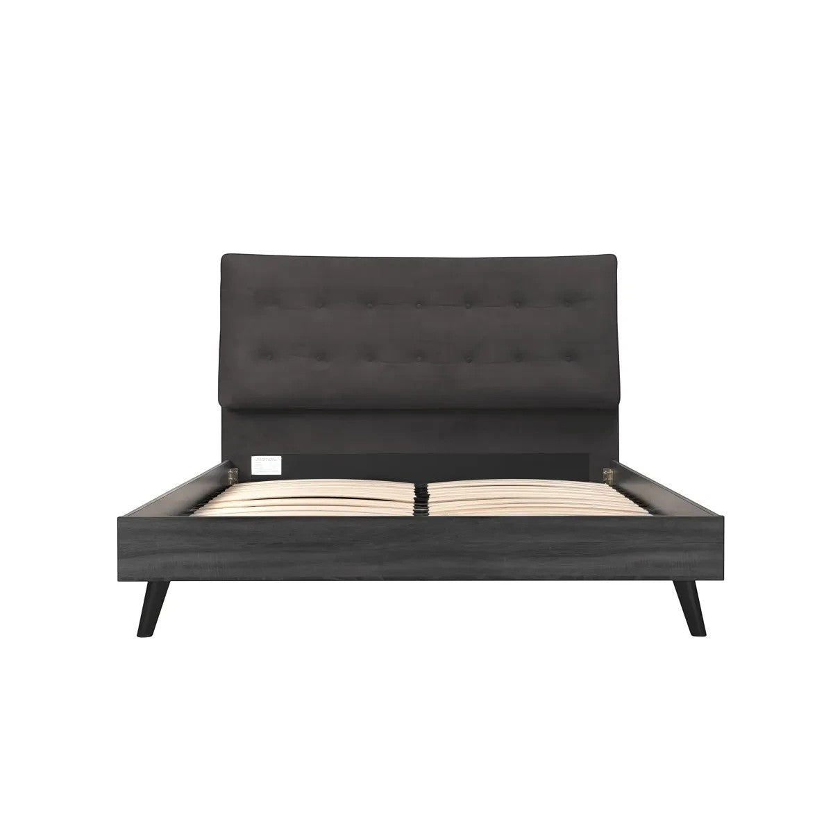 Grand lit queen Gianni TOCO Meubles en velours gris foncé capitonné et fini imitation bois gris, style Mid-Century Modern.