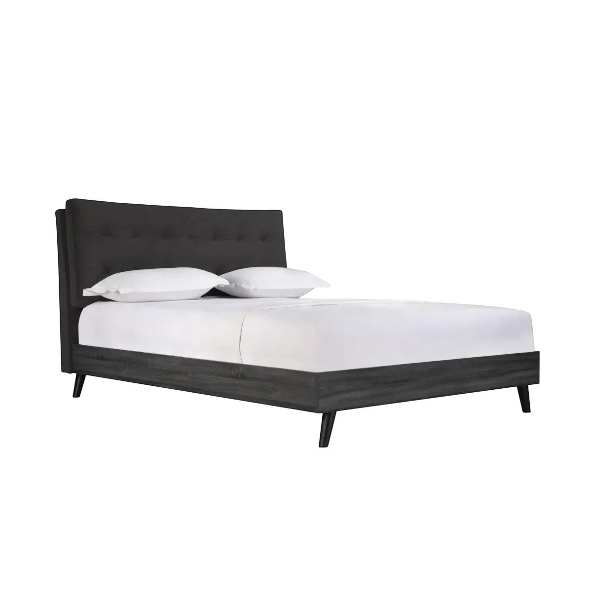 TOCO Meubles Grand lit Gianni queen gris foncé en velours et imitation bois, tête de lit capitonnée, pieds métalliques inclinés.