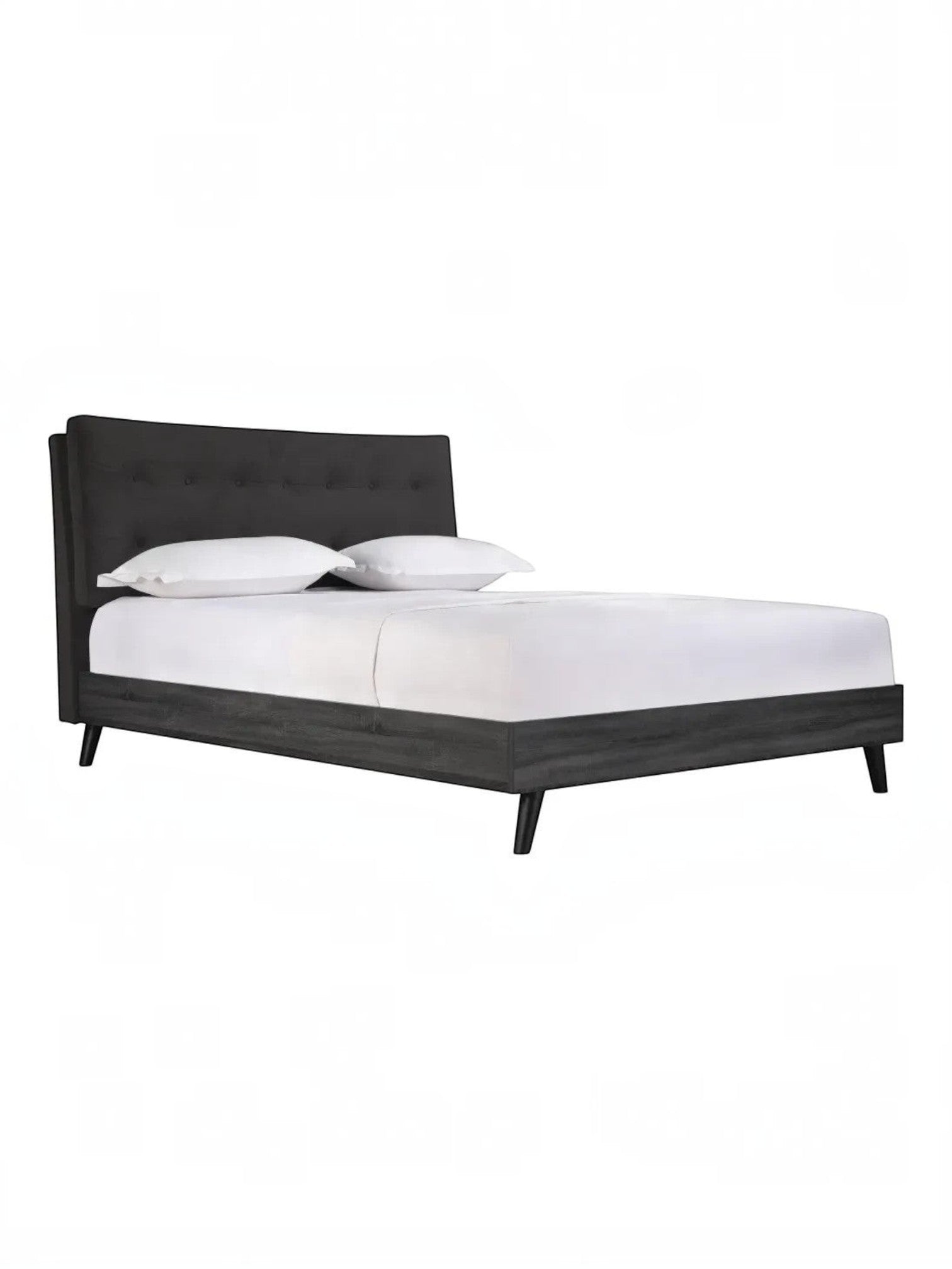 TOCO Meubles Grand lit Gianni queen gris foncé en velours et imitation bois, tête de lit capitonnée, pieds métalliques inclinés.