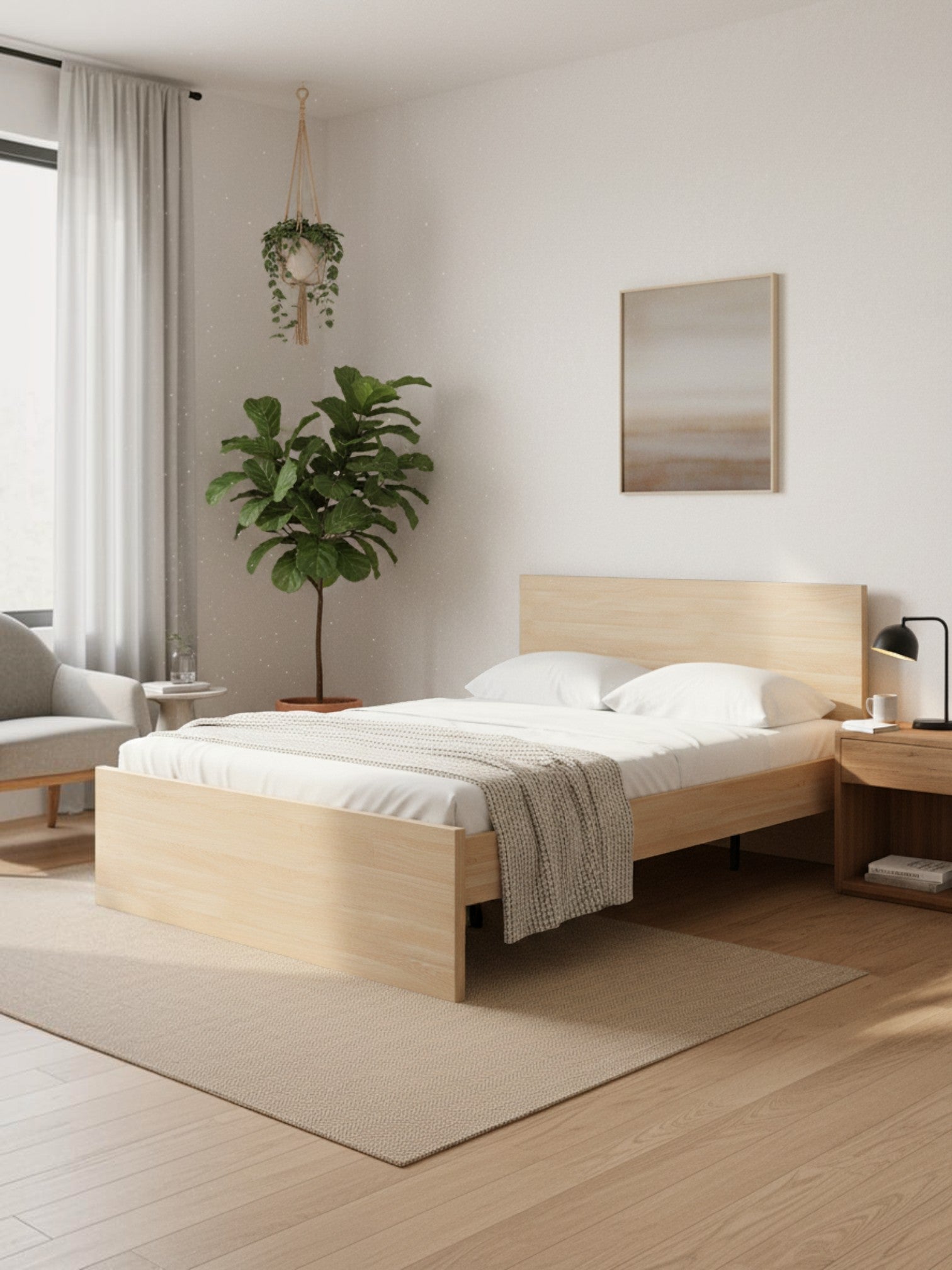 Grand lit Hazel TOCO Meubles en bois clair au design plateforme minimaliste dans une chambre moderne et lumineuse