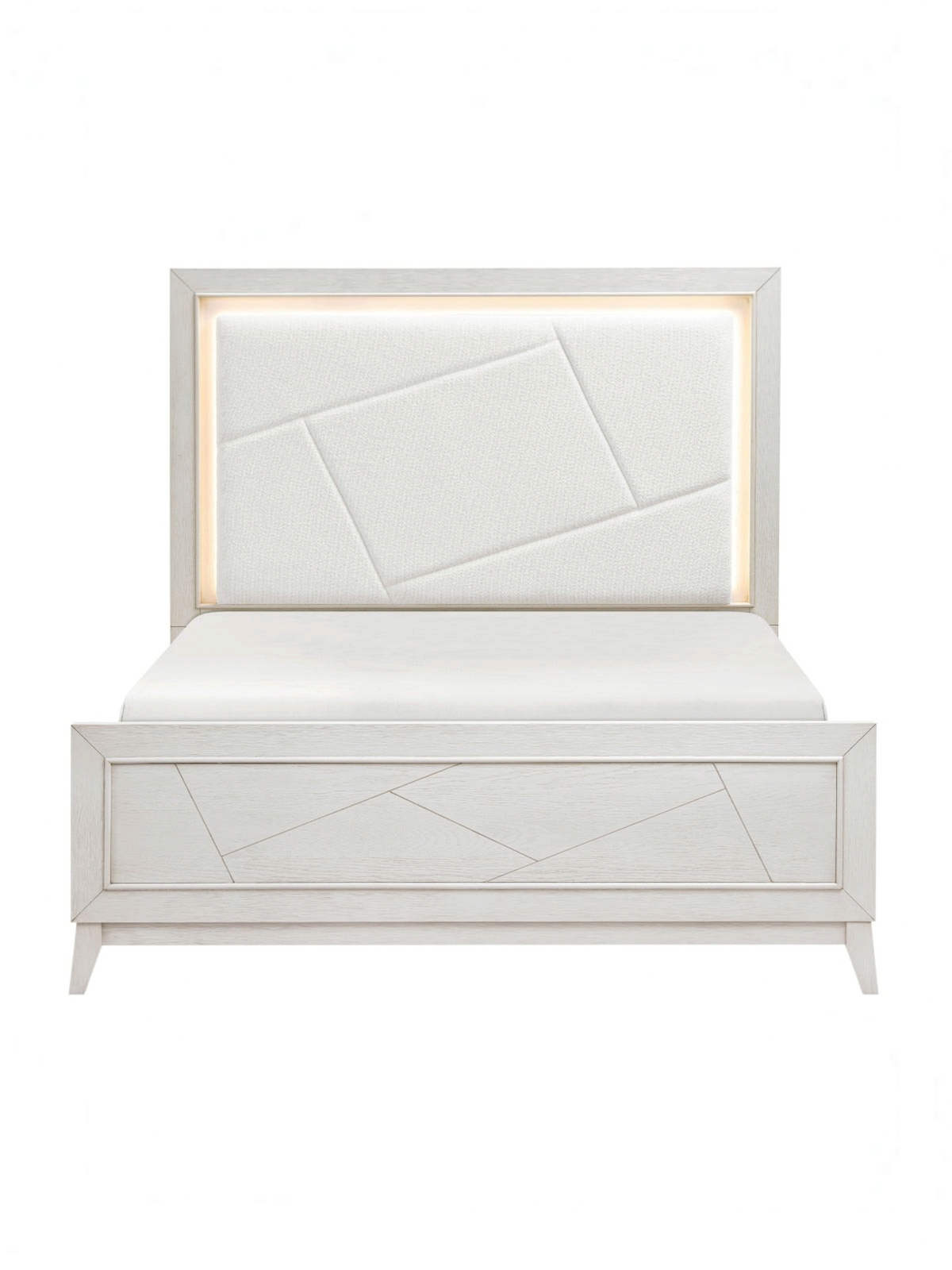 Grand lit Iris TOCO Meubles en chêne blanc antique avec tête de lit rembourrée en chenille ivoire et éclairage DEL