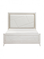 Grand lit Iris TOCO Meubles en chêne blanc antique avec tête de lit rembourrée en chenille ivoire et motifs géométriques
