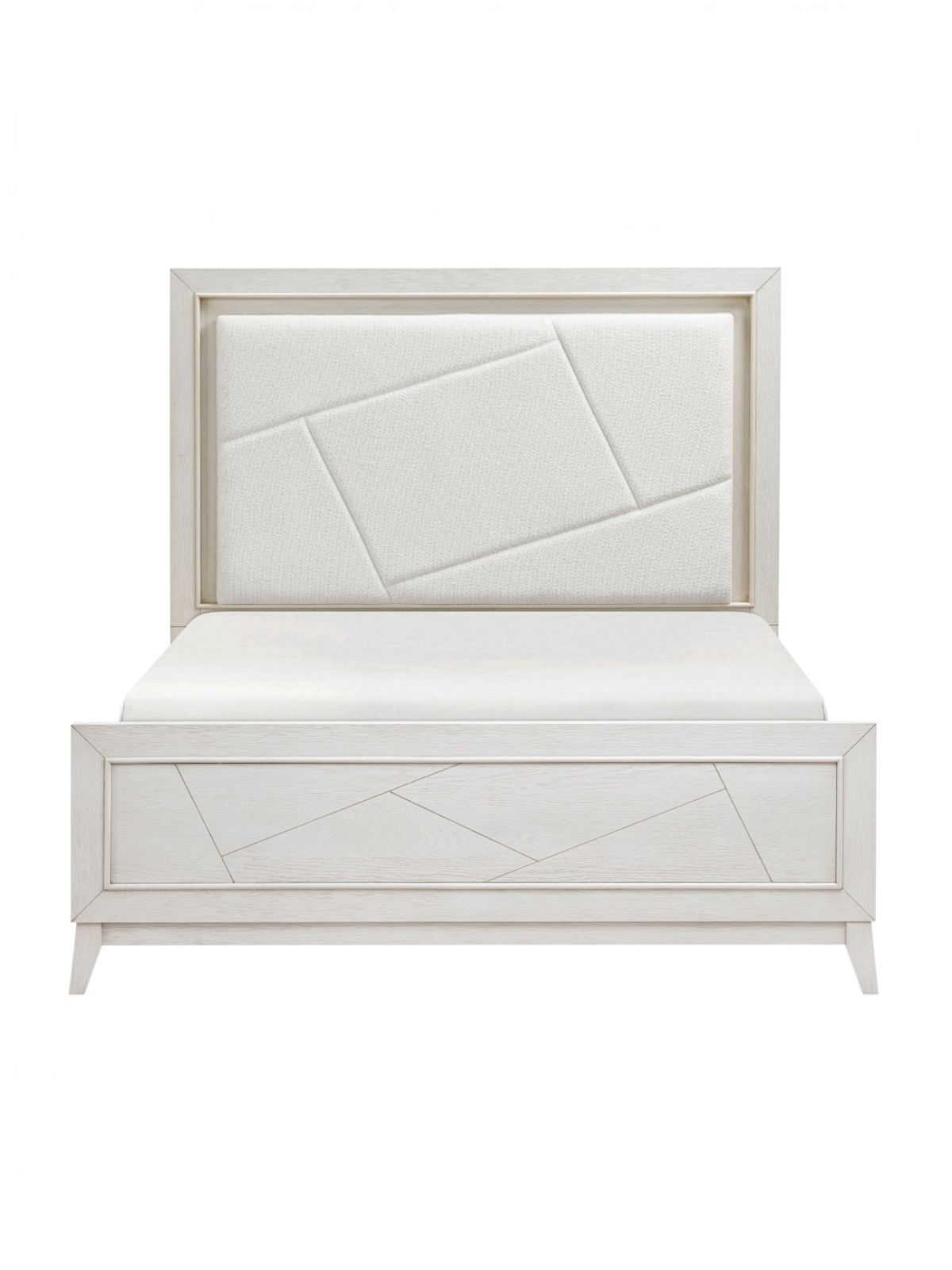 Grand lit Iris TOCO Meubles en chêne blanc antique avec tête de lit rembourrée en chenille ivoire et motifs géométriques