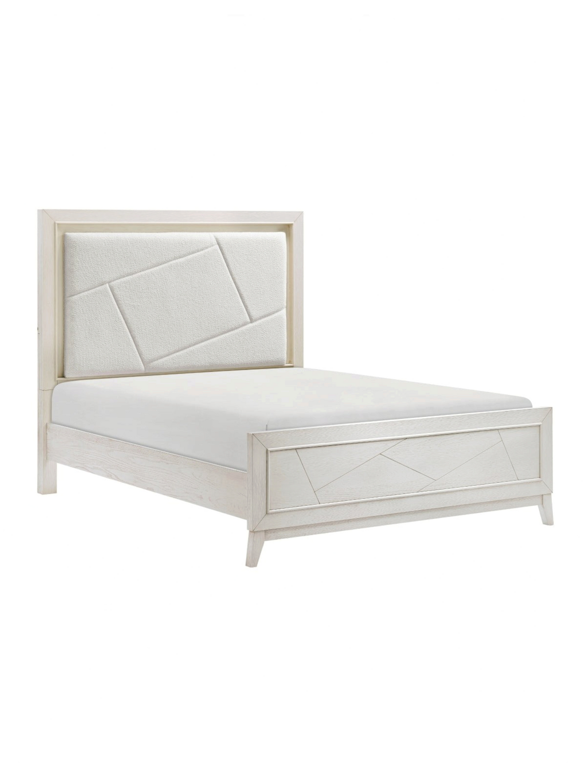 Grand lit Iris TOCO Meubles en chêne blanc antique avec tête de lit rembourrée en chenille ivoire et motifs géométriques