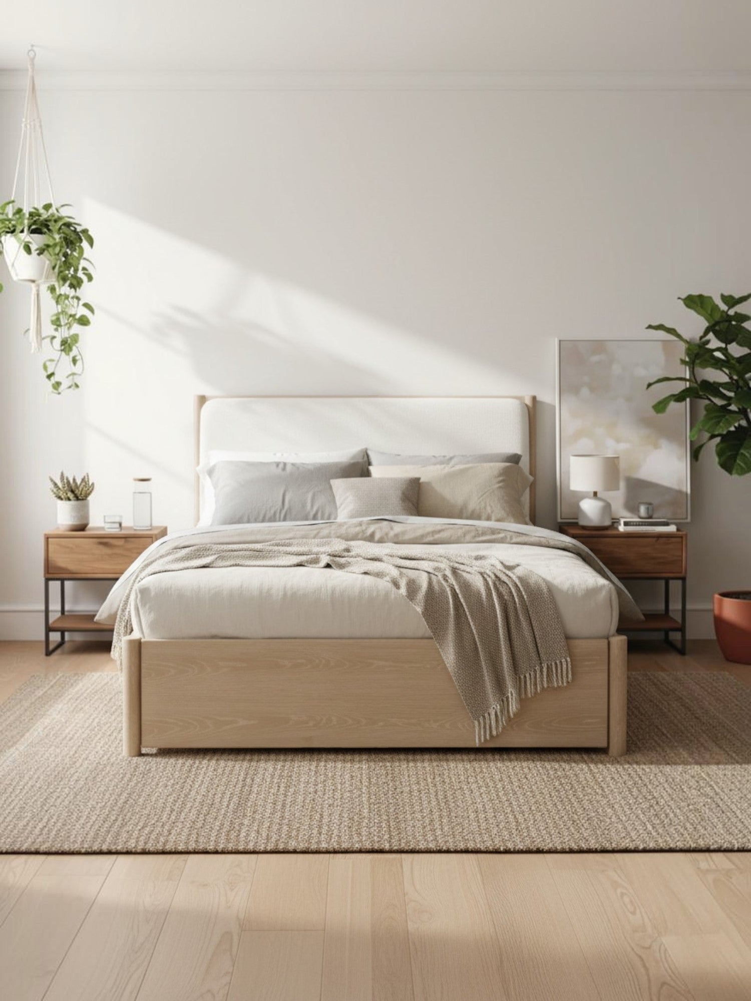 Grand lit Laurent TOCO Meubles en chêne clair avec tête de lit rembourrée couleur huître et tiroir de rangement