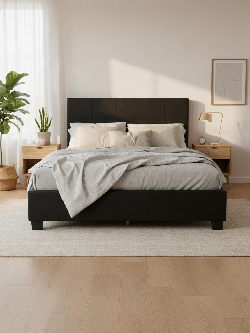 Grand lit plateforme Léon de TOCO Meubles en similicuir noir avec tête de lit épurée dans une chambre contemporaine