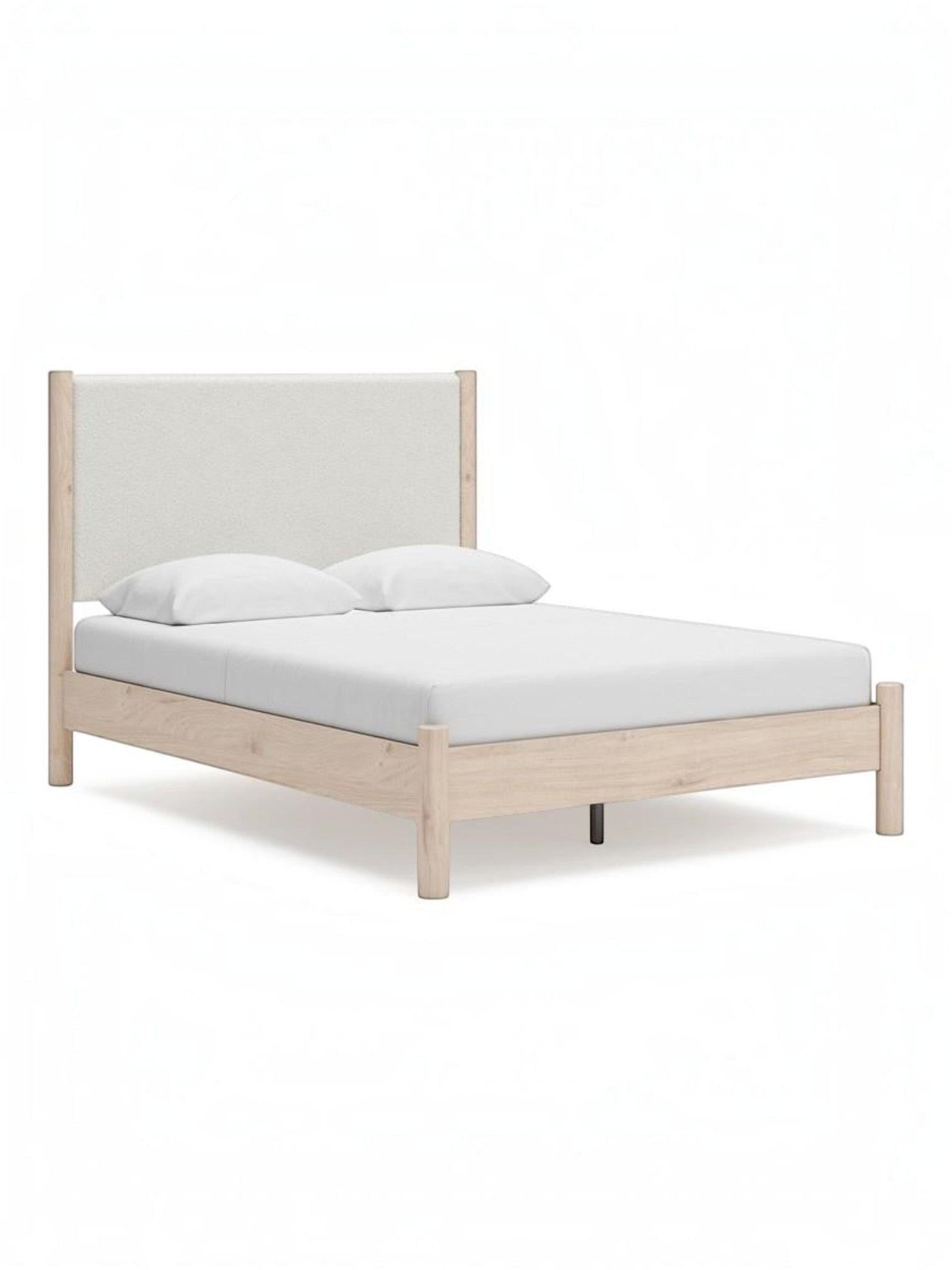 Grand lit Margot TOCO Meubles avec tête de lit rembourrée beige et cadre en bois clair au style boho minimaliste