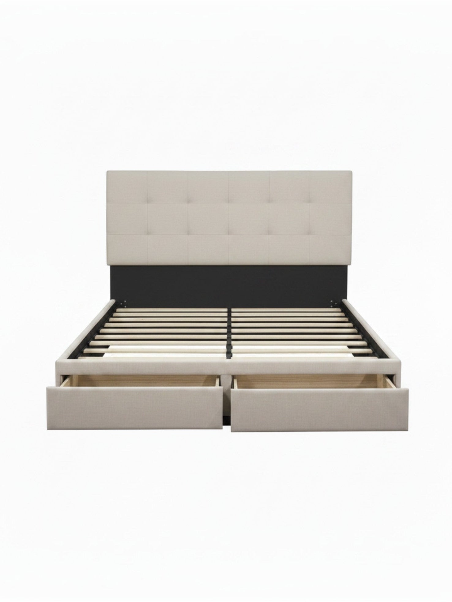 Grand lit Naya de TOCO Meubles avec tête de lit capitonnée beige et deux tiroirs de rangement intégrés