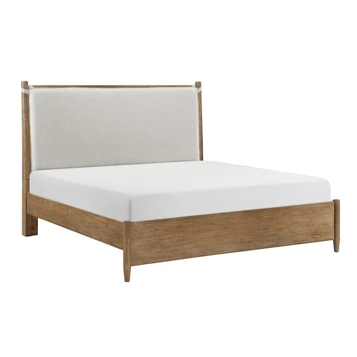 Grand lit Noria TOCO Meubles en bois brun avec tête de lit rembourrée en tissu écru