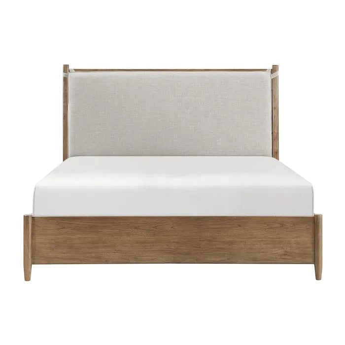 Grand lit Noria TOCO Meubles en bois brun avec tête de lit rembourrée en tissu gris clair