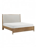 Grand lit plateforme TOCO Meubles en bois de hickory brun avec tête de lit rembourrée beige et lattes intégrées