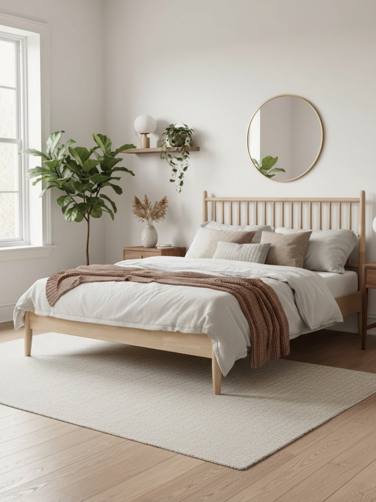 Grand lit Paolo TOCO Meubles en bois naturel avec tête de lit à lattes verticales dans une chambre moderne