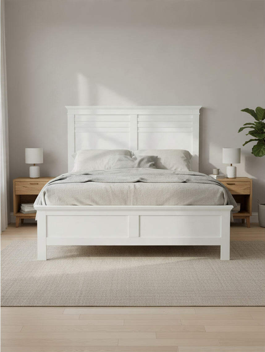Grand lit TOCO Meubles Rosalie blanc au style champêtre avec tête de lit moulurée dans une chambre moderne