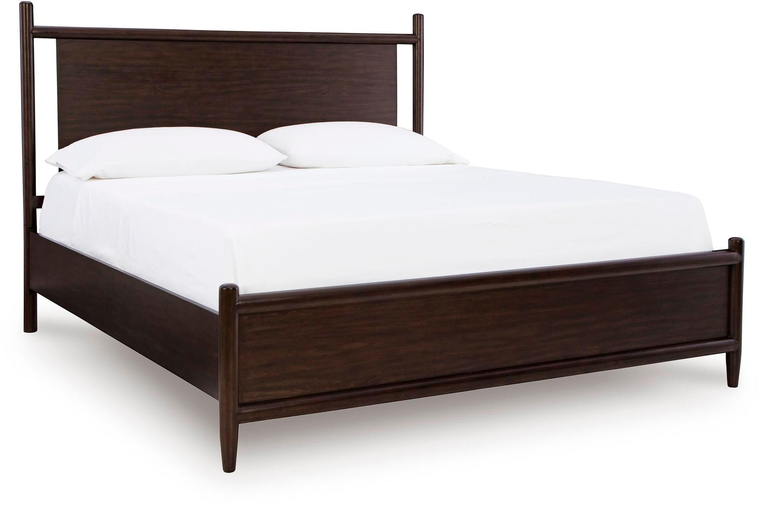 Grand lit Rosie TOCO Meubles en bois merlot avec tête de lit et pieds arrondis, style Mid-Century.