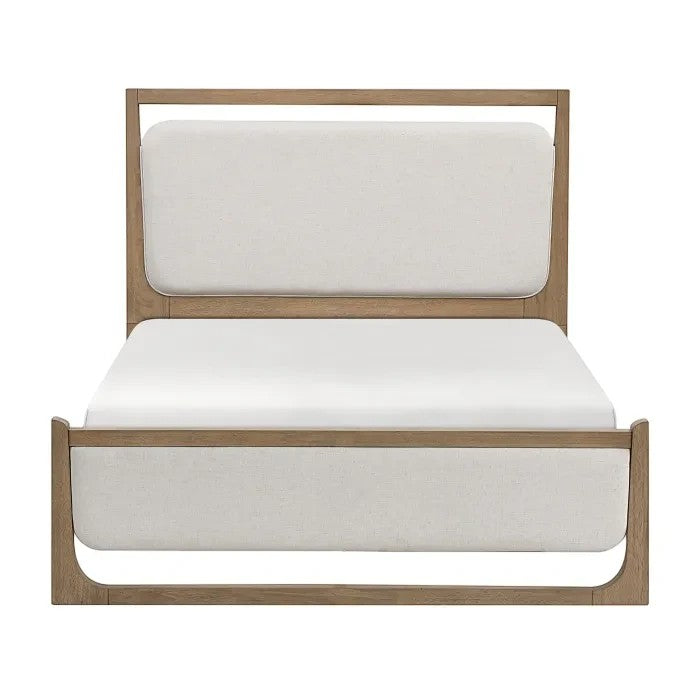 Grand lit Samora TOCO Meubles en bois brun clair avec tête et pied de lit rembourrés blancs. Design moderne.
