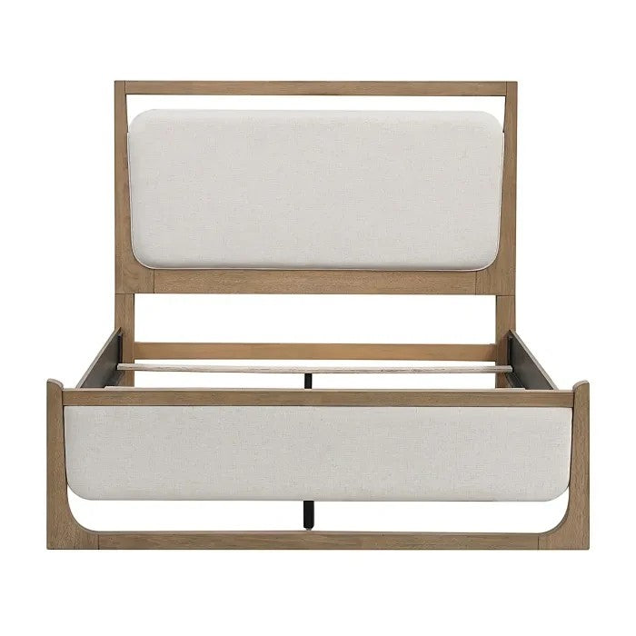 TOCO Meubles Grand lit Samora en bois brun clair avec tête et pied de lit rembourrés blancs, éclairage DEL intégré.